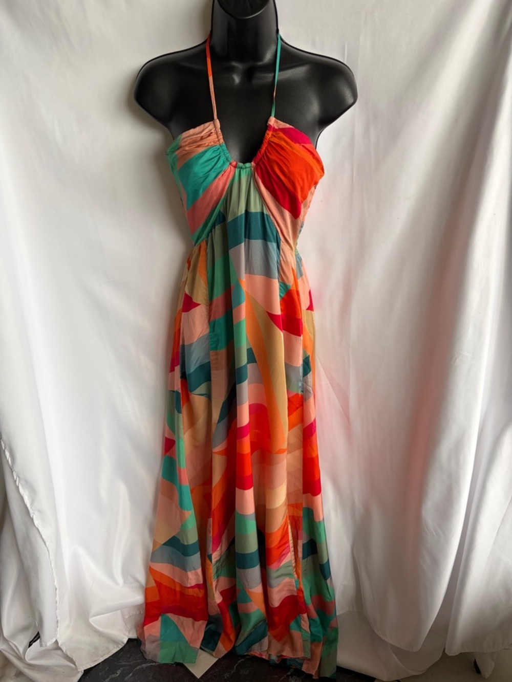 SELF CONTRAST halter maxi dress, orange, tan, teal, sz S, 18β PTP, 56β L